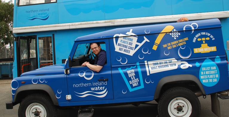 Graeme Smyth, from Knockloughrim, near Magherafelt, with the Education Team’s specially branded Land Rover | NI Water News