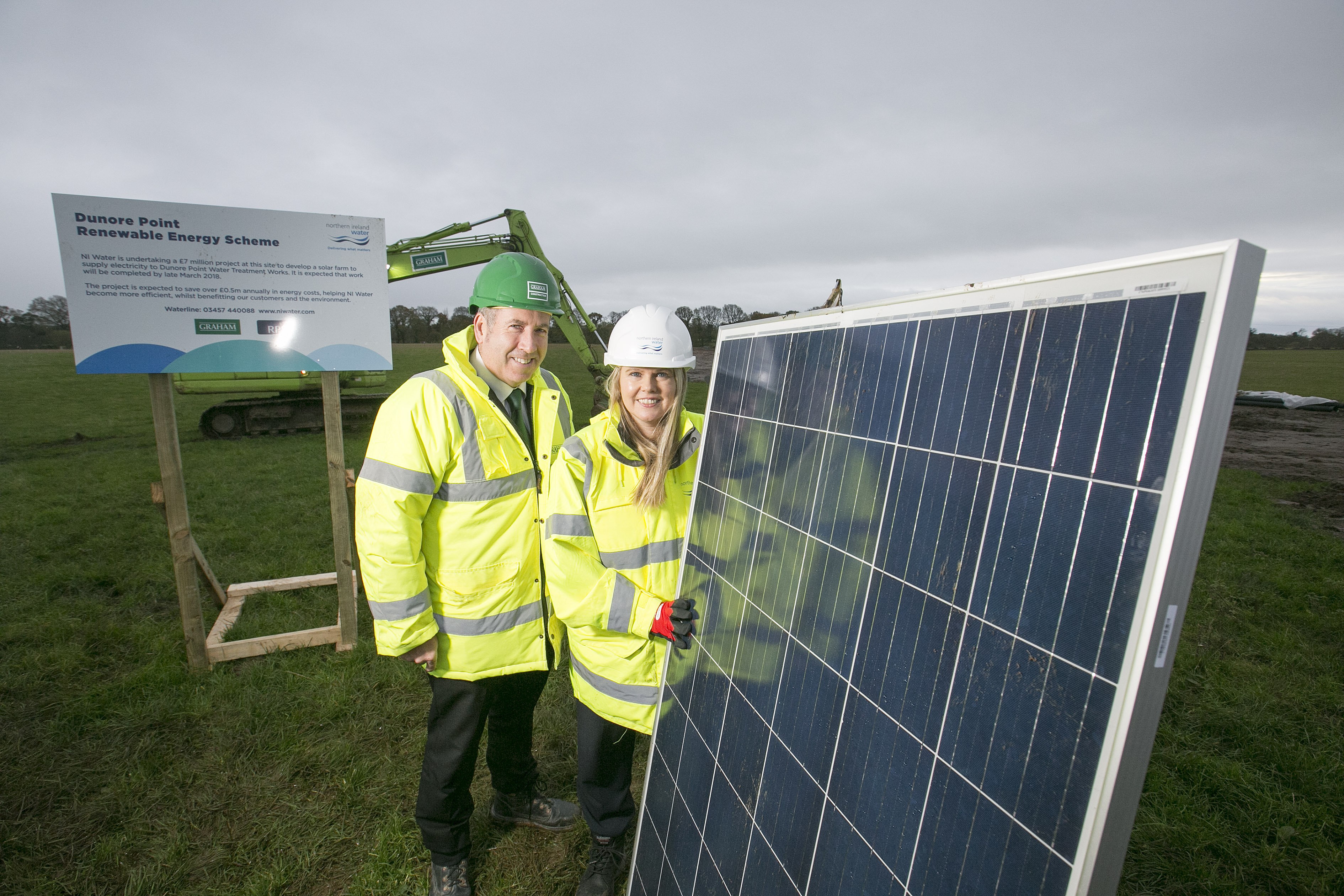 Sara Venning Chief Executive of NI Water pictured with Leo Martin, Managing Director of Civil GRAHAM Construction at the launch of NI Water’s new £7 million solar farm | NI Water News