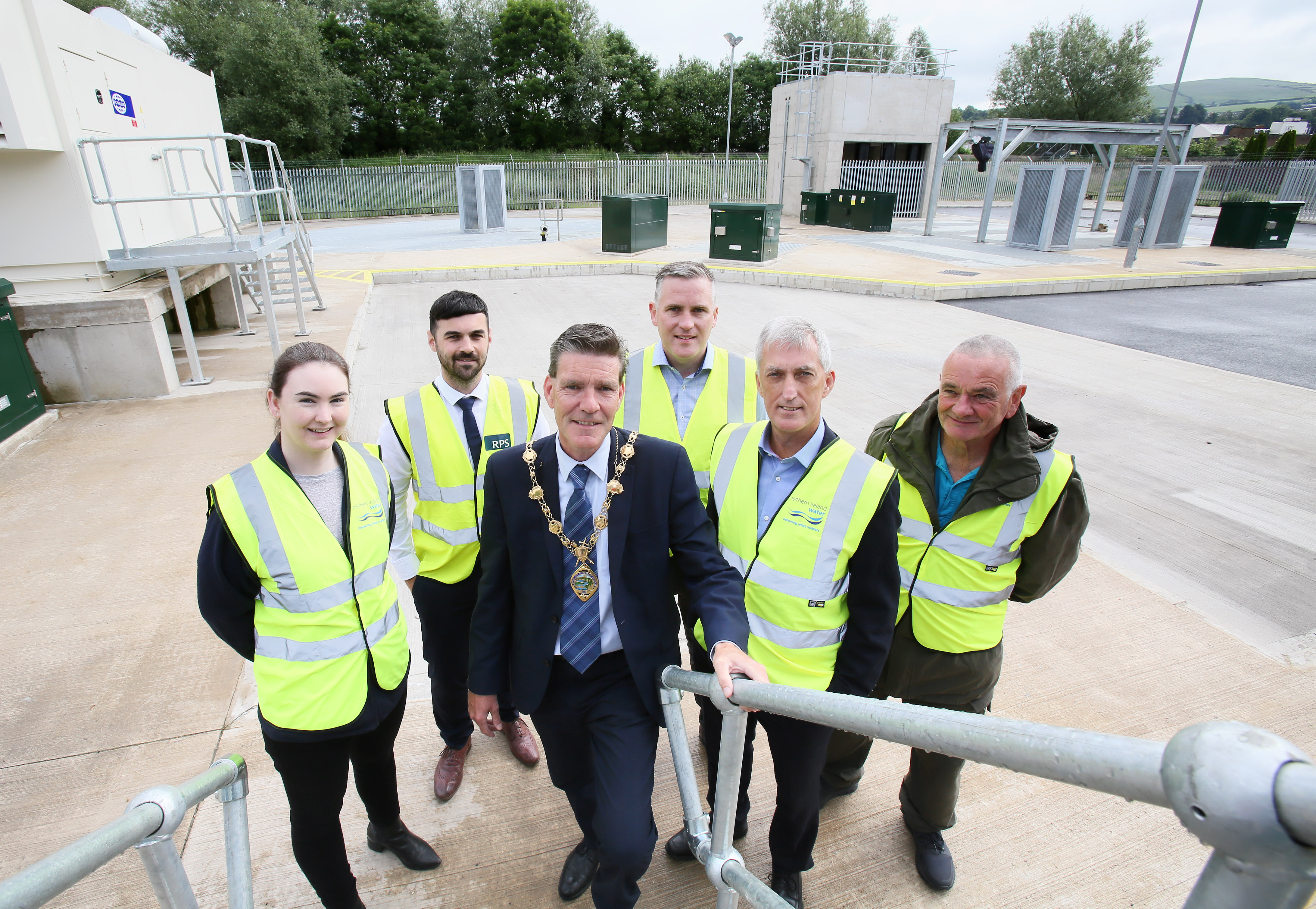 Catherine Watkins NI Water Project Manager, Mark McEvoy RPS, Mayor of Derry City & Strabane District Council- Councillor John Boyle, Gerard McColgan Dawson WAM, Eamon McManus and John Curran (both NI Water) take a tour of the upgraded Pumping Station. | NI Water News