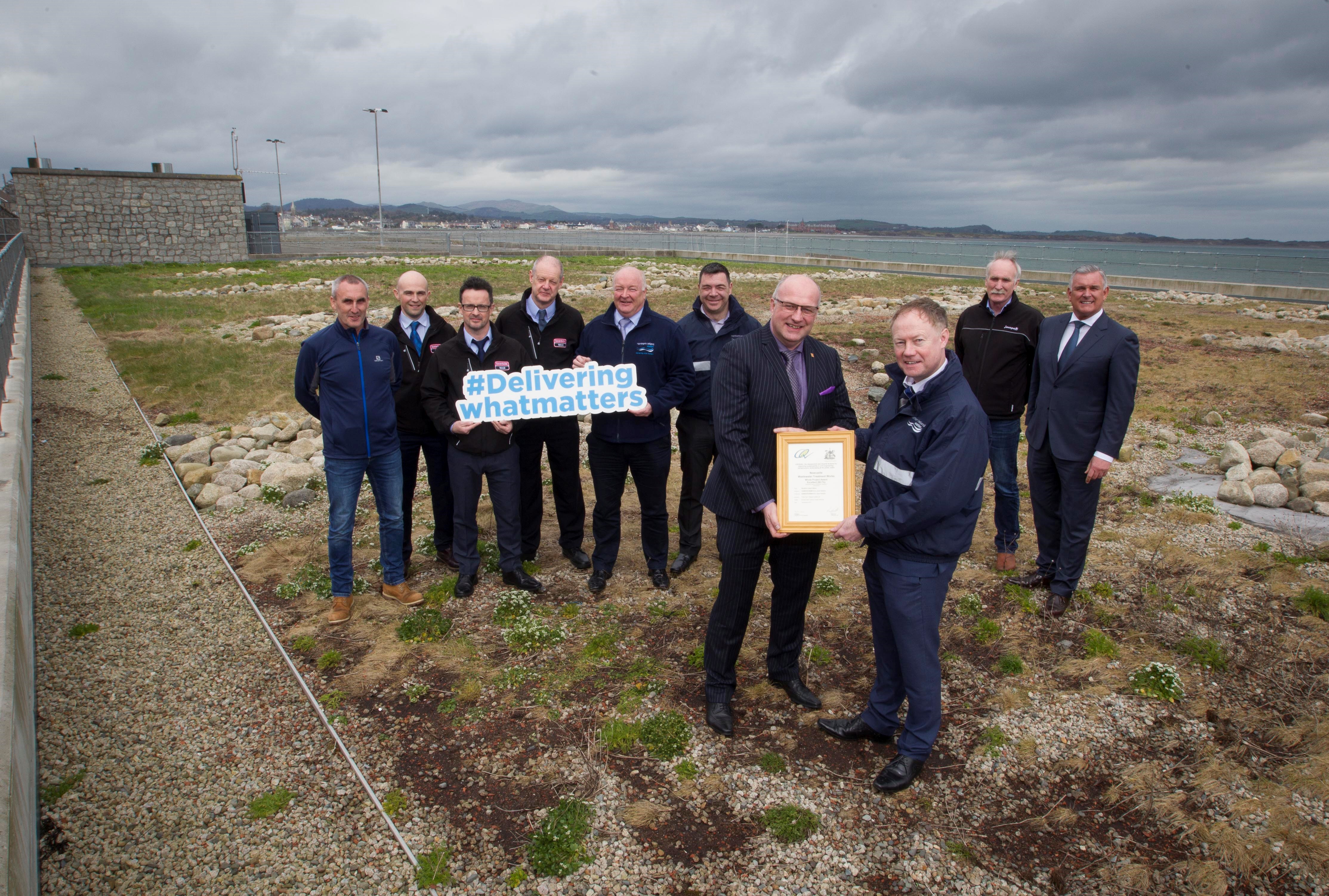Kieran Grant from NI Water accepts the ‘excellent’ award from Ian Nicholson of CEEQUAL on behalf of the project team comprising NI Water, Dawson Wam Ovivo JV and McAdam Design for the £10m Newcastle WwTW upgrade.  | NI Water News