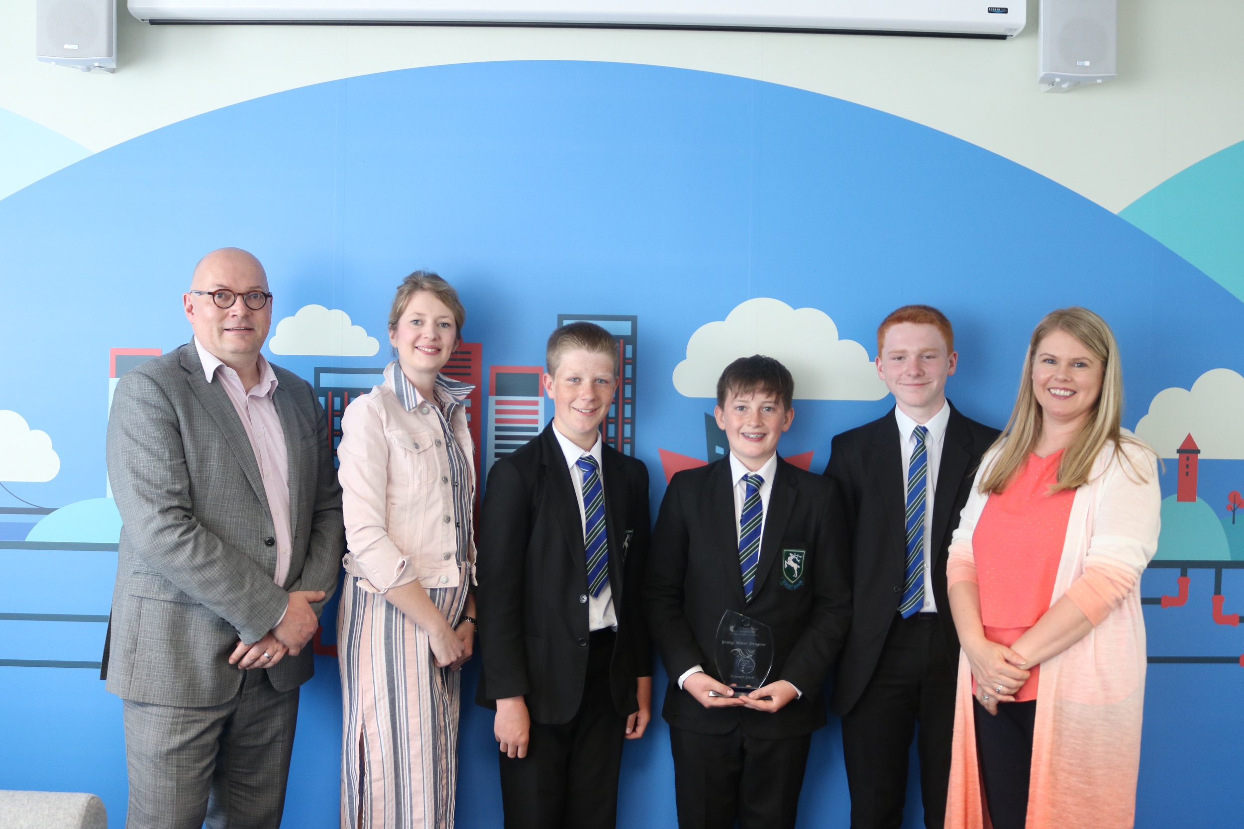 Paul Horton, CEO Future Water Association, Mrs Rebecca Simpson and boys from Grosvenor Grammar School Knox Wilson, David Dugan and Craig Ennis with NI Water’s CEO Sara Venning.  | NI Water News