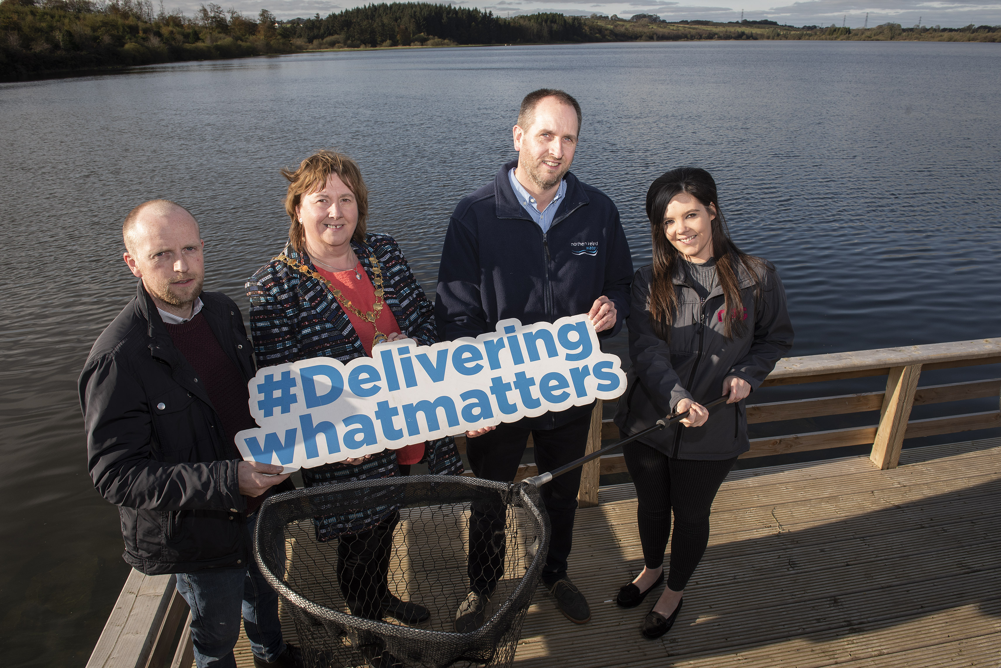 The team pictured at the fishing stand at Loughmourne Reservoir: Mark from Euro Services, Mayor Councillor Maureen Morrow, David McClean and Hannah Currie RPS. | NI Water News