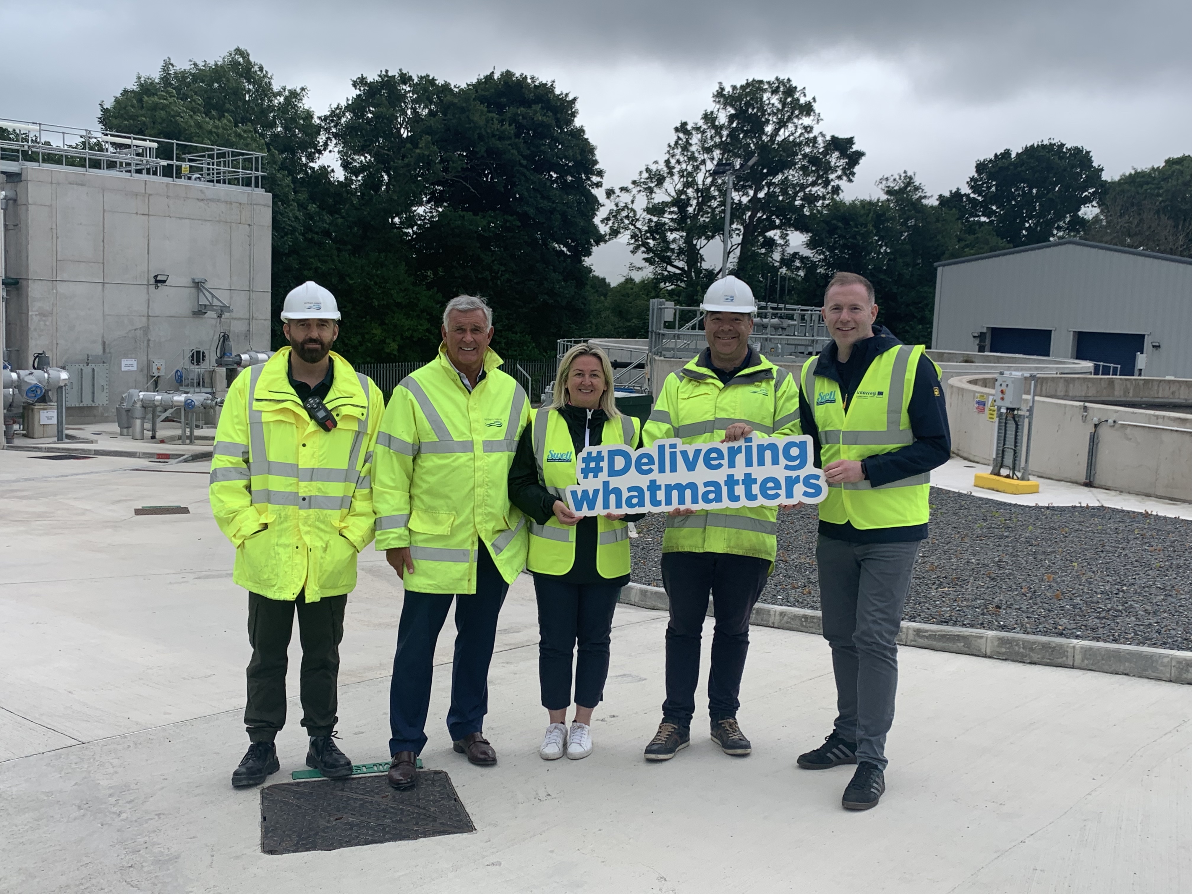 Christian Beattie, Keith Henderson and Sean Milligan from NI Water pictured with Sinéad Ennis MLA and Chris Hazzard MP at Warrenpoint treatment works.