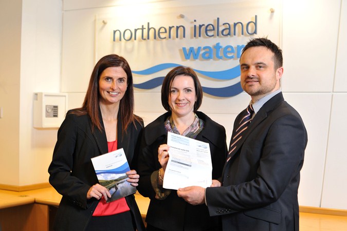 NI Water’s Cathy Hawthorne (left) and Stephen Nyguist (right) with Consumer Council NI’s Kathy Graham launch the new look water bill for business customers | NI Water News